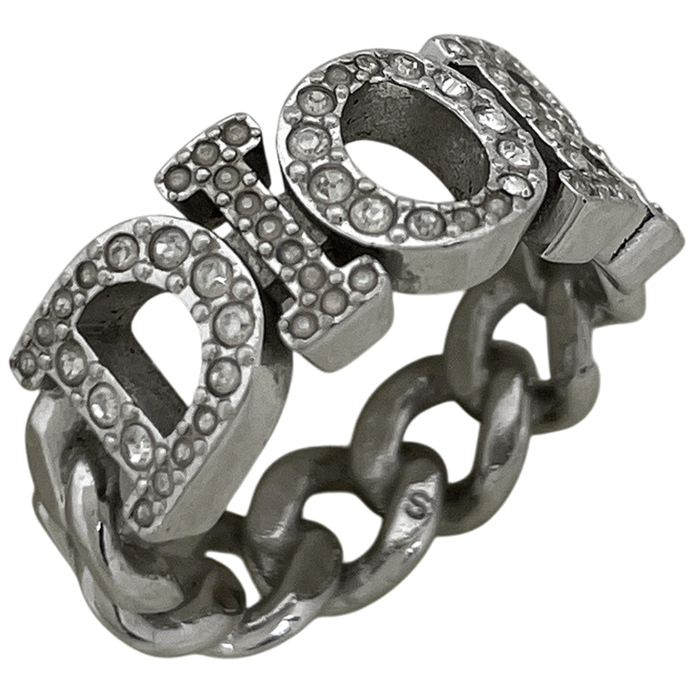 Christian Dior logo rhinestone ring, silver plated, rhinestone, silver, women's.